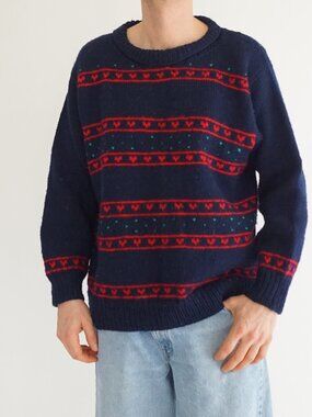 Navy Red Heart Pattern Knit Sweater Fair Isle Nordic Unisex Classic Festive M